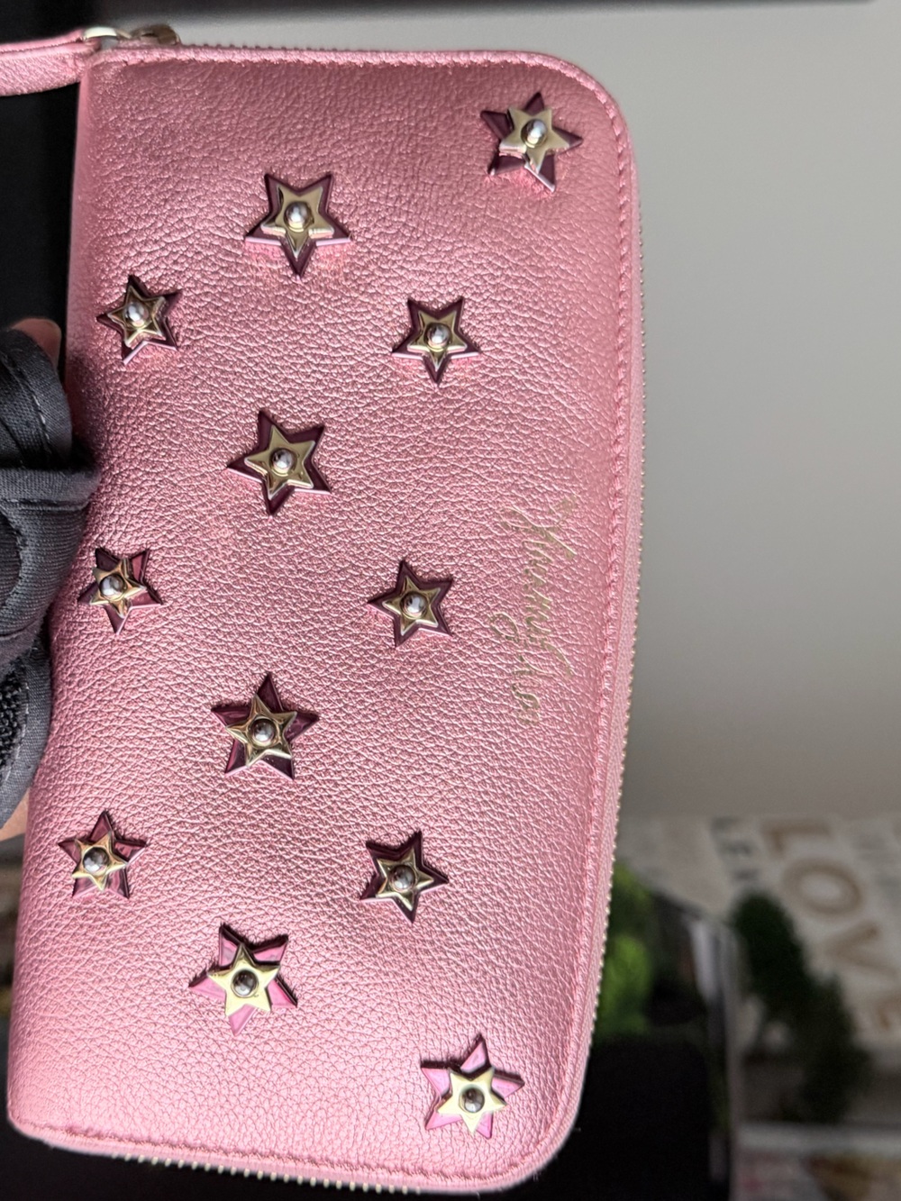 Jimmy Choo Pink Star-Embellished Zip Wallet Gold Hardware